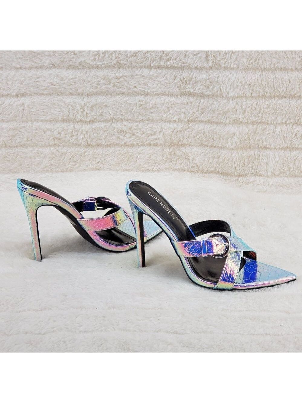 Ferocious Sexy Open Pointy Toe Slip On Hologram High Heel Cog Shoes